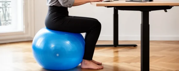 Personne assise sur un swiss ball à son bureau, dos droit et posture dynamique
