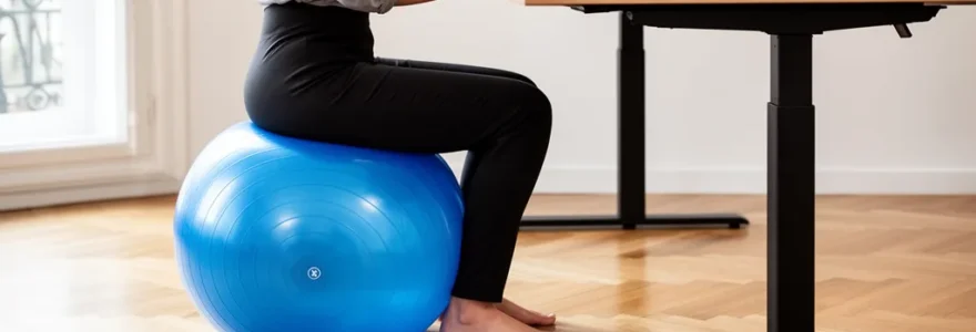 Personne assise sur un swiss ball à son bureau, dos droit et posture dynamique