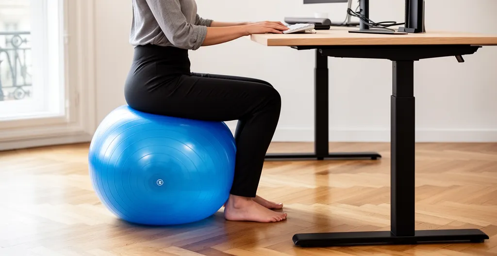 Personne assise sur un swiss ball à son bureau, dos droit et posture dynamique