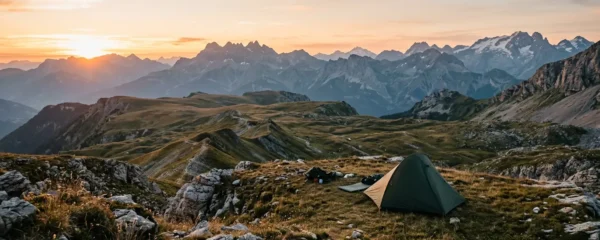Tente de bivouac plantée en montagne française au coucher du soleil