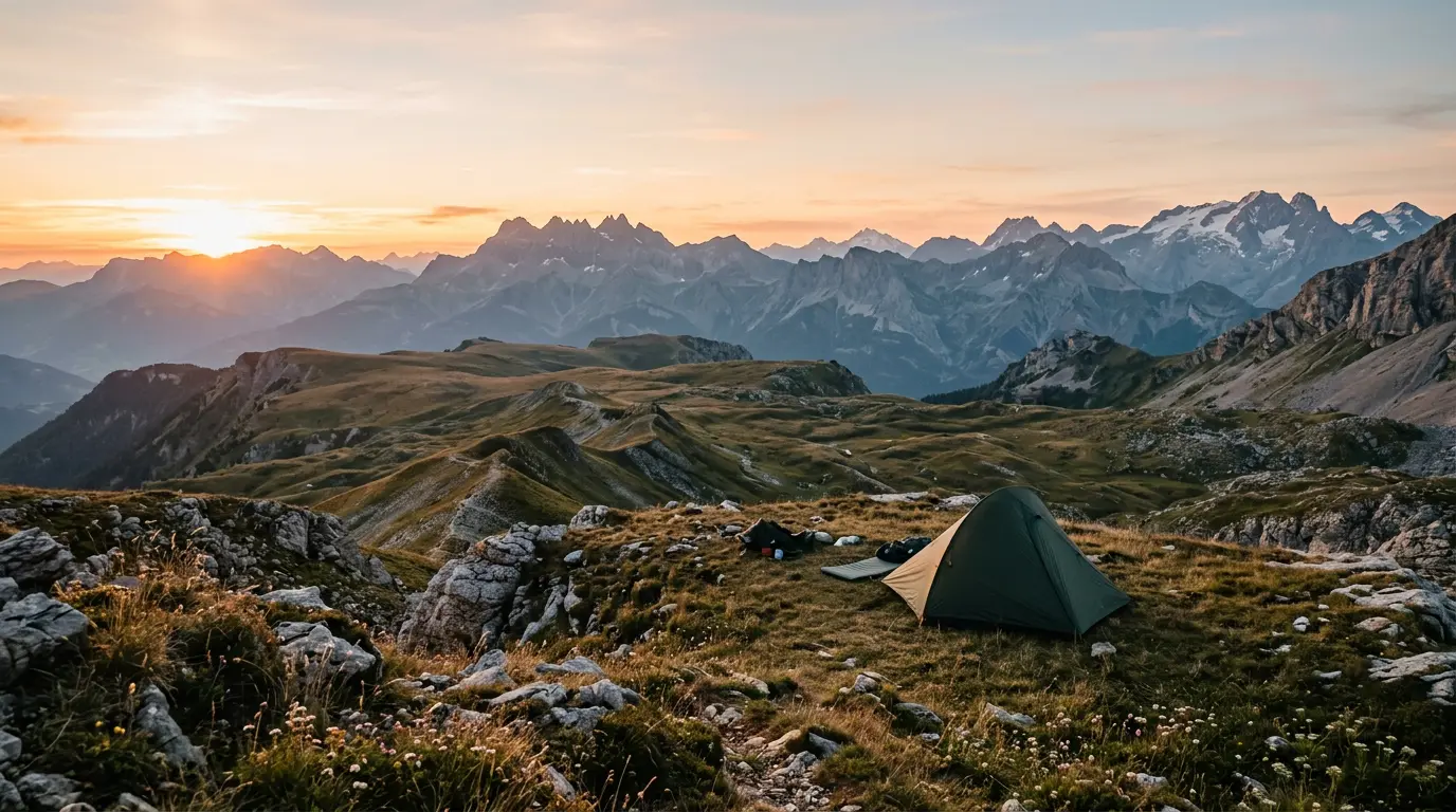 Tente de bivouac plantée en montagne française au coucher du soleil