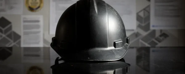 Casque de protection multifonction sur surface réfléchissante avec logos de certification flous en arrière-plan