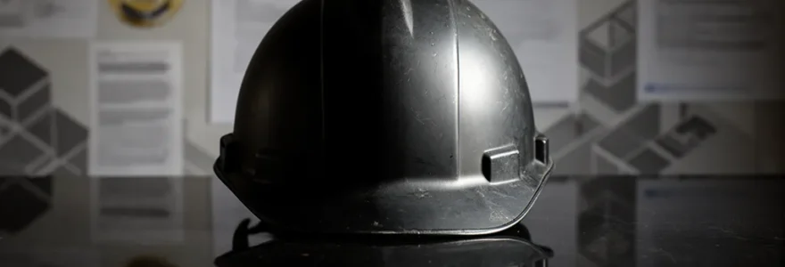 Casque de protection multifonction sur surface réfléchissante avec logos de certification flous en arrière-plan