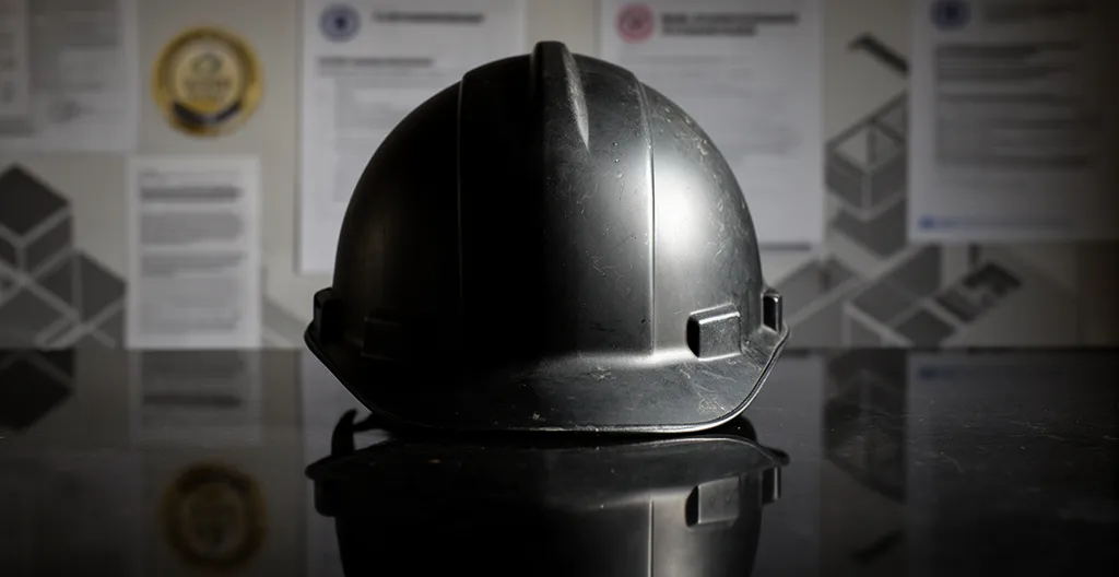 Casque de protection multifonction sur surface réfléchissante avec logos de certification flous en arrière-plan