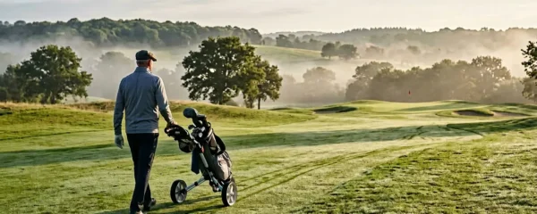 Golfeur senior sur parcours verdoyant avec chariot manuel et sac de golf