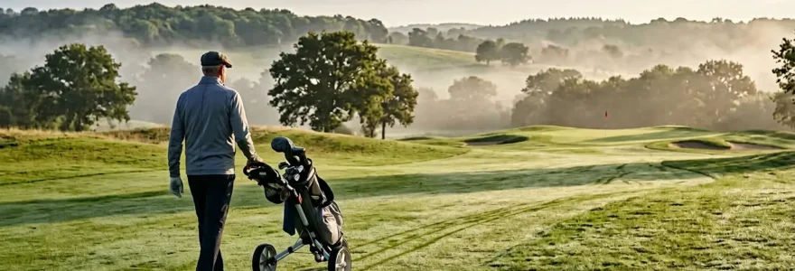Golfeur senior sur parcours verdoyant avec chariot manuel et sac de golf