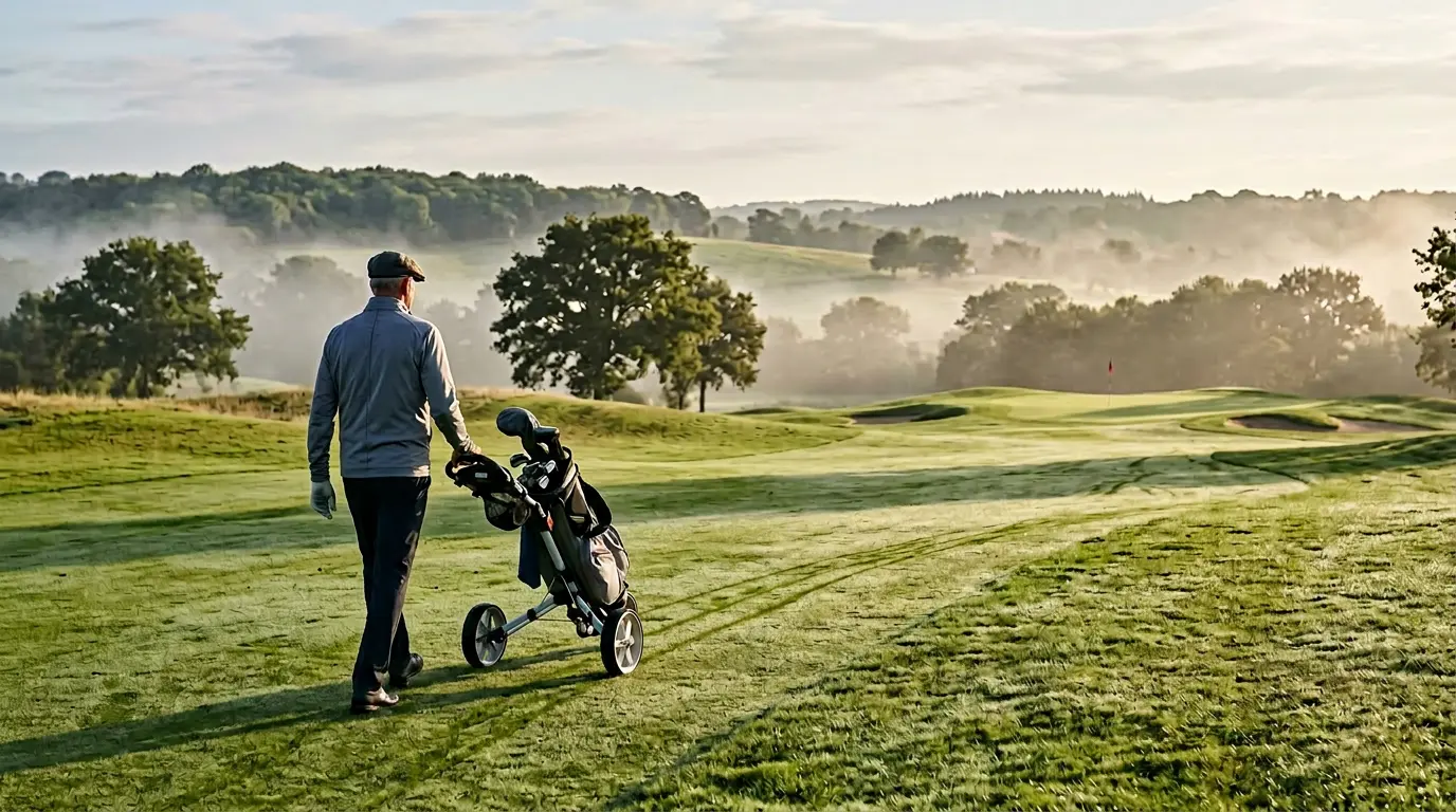 Golfeur senior sur parcours verdoyant avec chariot manuel et sac de golf