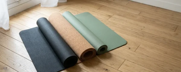 Trois tapis de yoga de différentes textures disposés en éventail sur un parquet en bois clair