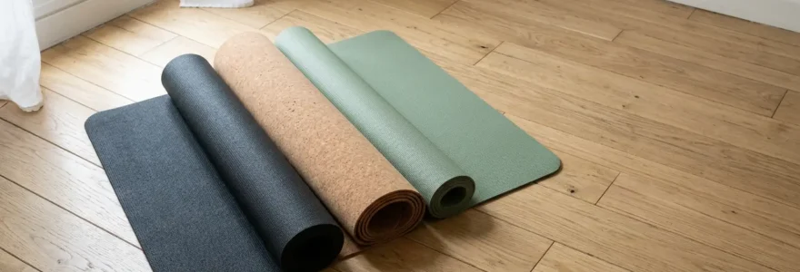 Trois tapis de yoga de différentes textures disposés en éventail sur un parquet en bois clair