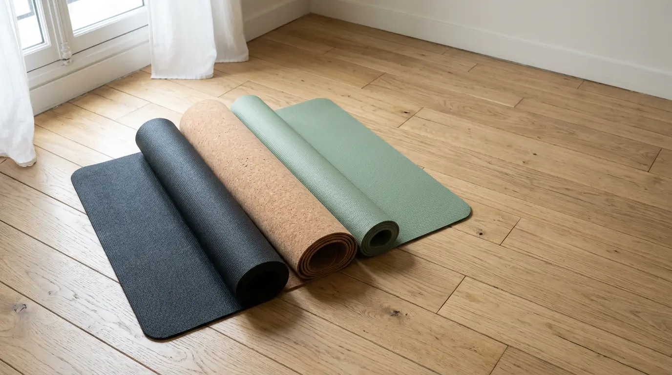 Trois tapis de yoga de différentes textures disposés en éventail sur un parquet en bois clair