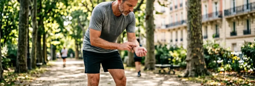 Sportif quadragénaire mesurant son pouls au poignet après un effort dans un parc français