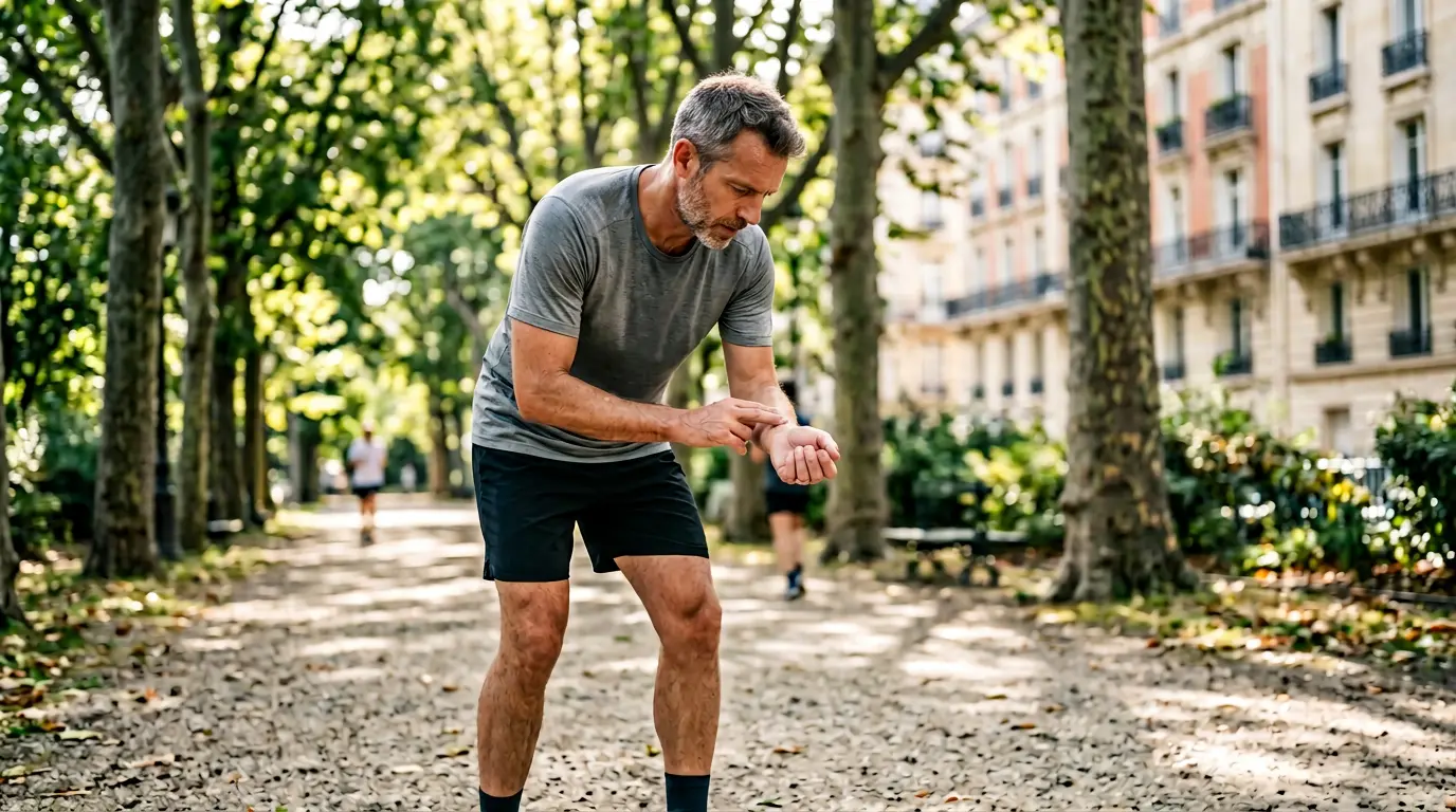 Sportif quadragénaire mesurant son pouls au poignet après un effort dans un parc français