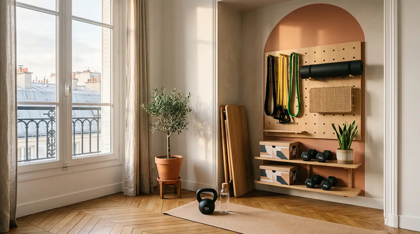 Aménagement d'un coin sport compact et design dans un salon français moderne