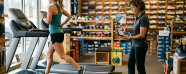 Vendeur spécialisé analysant la foulée d'un coureur en boutique de sport