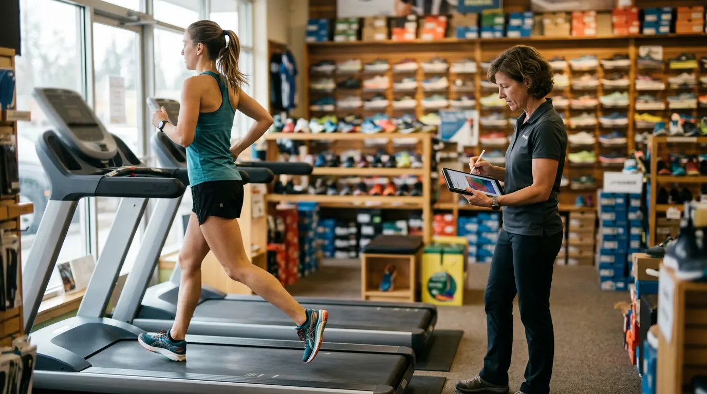 Vendeur spécialisé analysant la foulée d'un coureur en boutique de sport