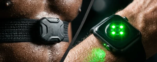 Comparaison visuelle entre une ceinture thoracique et une montre de sport avec capteur optique pour la mesure de la fréquence cardiaque