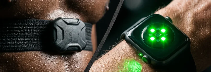 Comparaison visuelle entre une ceinture thoracique et une montre de sport avec capteur optique pour la mesure de la fréquence cardiaque