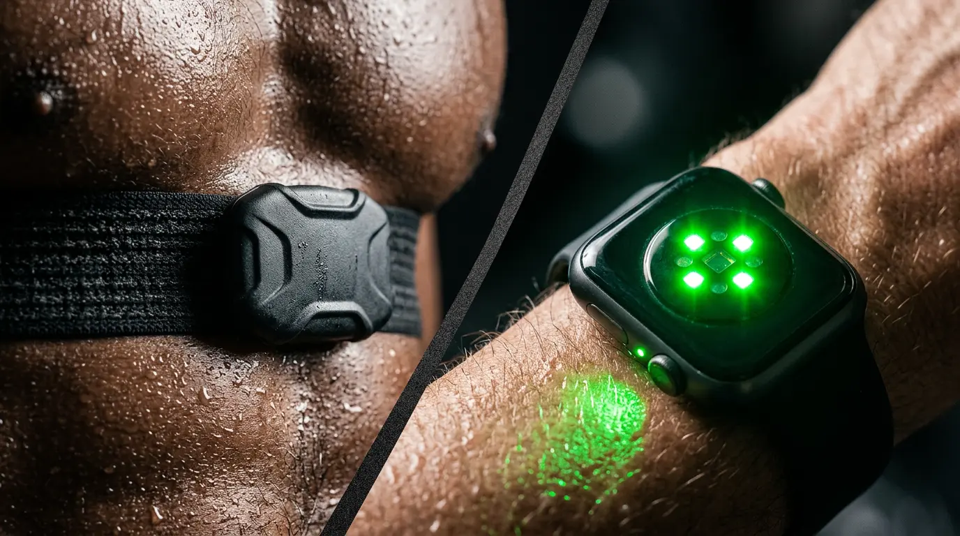 Comparaison visuelle entre une ceinture thoracique et une montre de sport avec capteur optique pour la mesure de la fréquence cardiaque