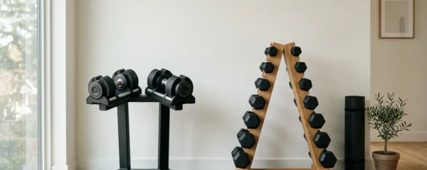 Haltères réglables modernes avec système de molette posés sur support dans un home gym, à côté d'haltères fixes hexagonaux