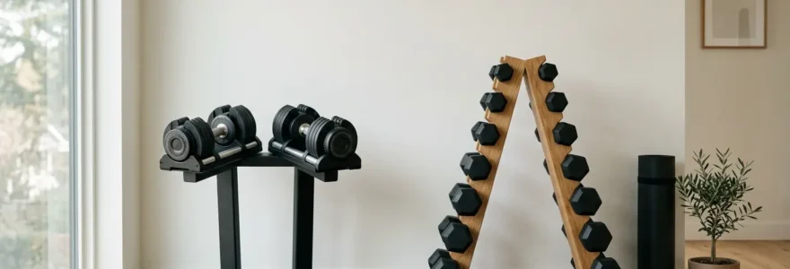 Haltères réglables modernes avec système de molette posés sur support dans un home gym, à côté d'haltères fixes hexagonaux