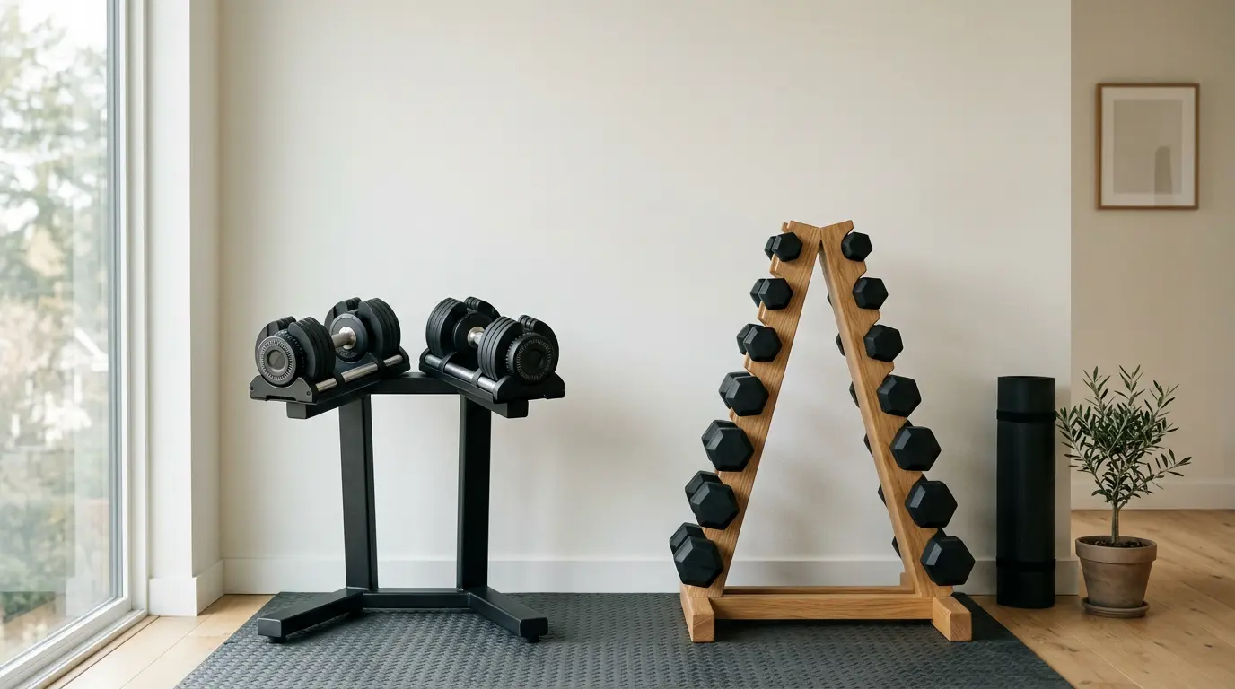 Haltères réglables modernes avec système de molette posés sur support dans un home gym, à côté d'haltères fixes hexagonaux