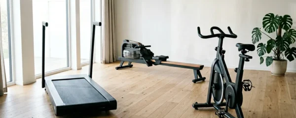 Vue en plongée d'un espace fitness à domicile avec rameur moderne, vélo d'appartement et tapis de course disposés en triangle