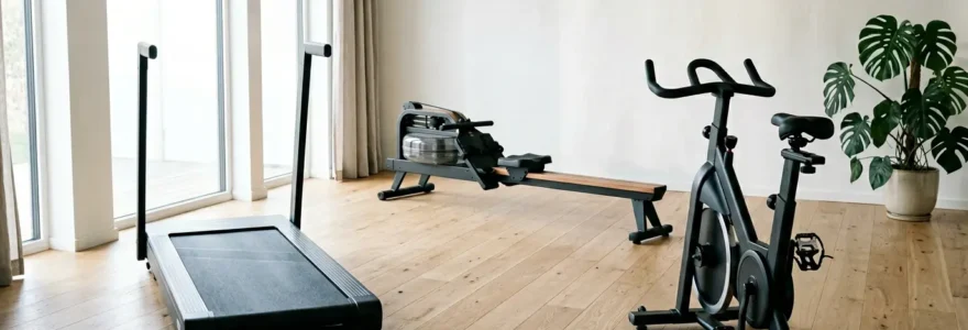 Vue en plongée d'un espace fitness à domicile avec rameur moderne, vélo d'appartement et tapis de course disposés en triangle