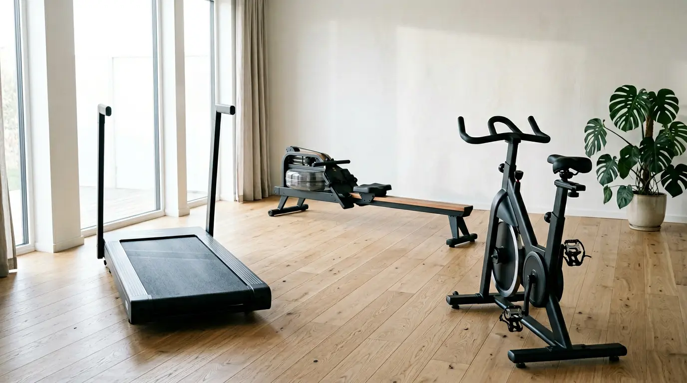 Vue en plongée d'un espace fitness à domicile avec rameur moderne, vélo d'appartement et tapis de course disposés en triangle