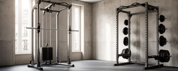 Home gym moderne avec Smith Machine et cage à squat côte à côte dans un espace optimisé