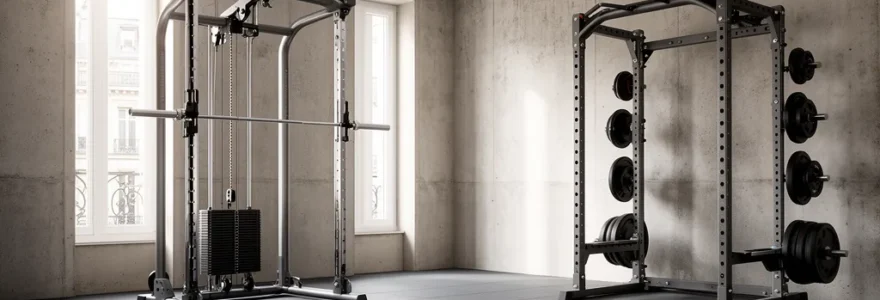 Home gym moderne avec Smith Machine et cage à squat côte à côte dans un espace optimisé