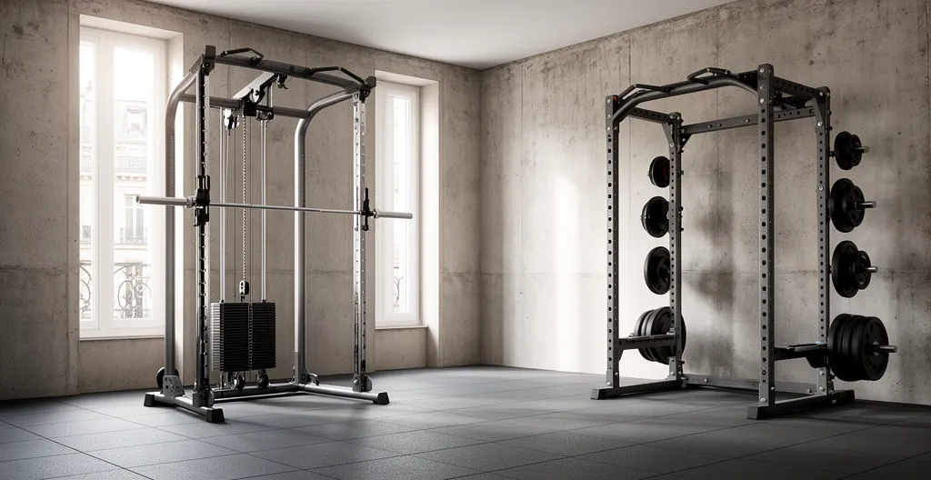 Home gym moderne avec Smith Machine et cage à squat côte à côte dans un espace optimisé
