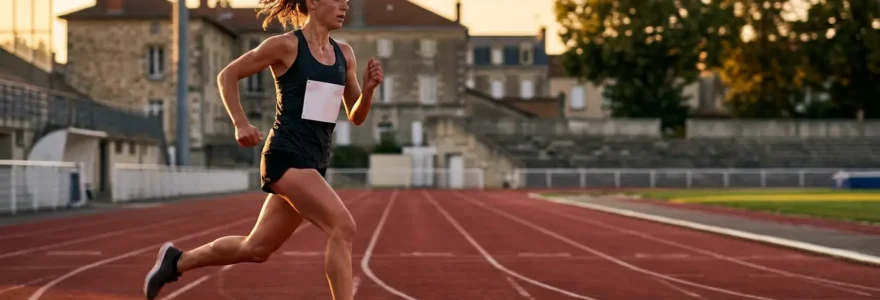 Coureur en pleine séance de fractionné sur une piste d'athlétisme française