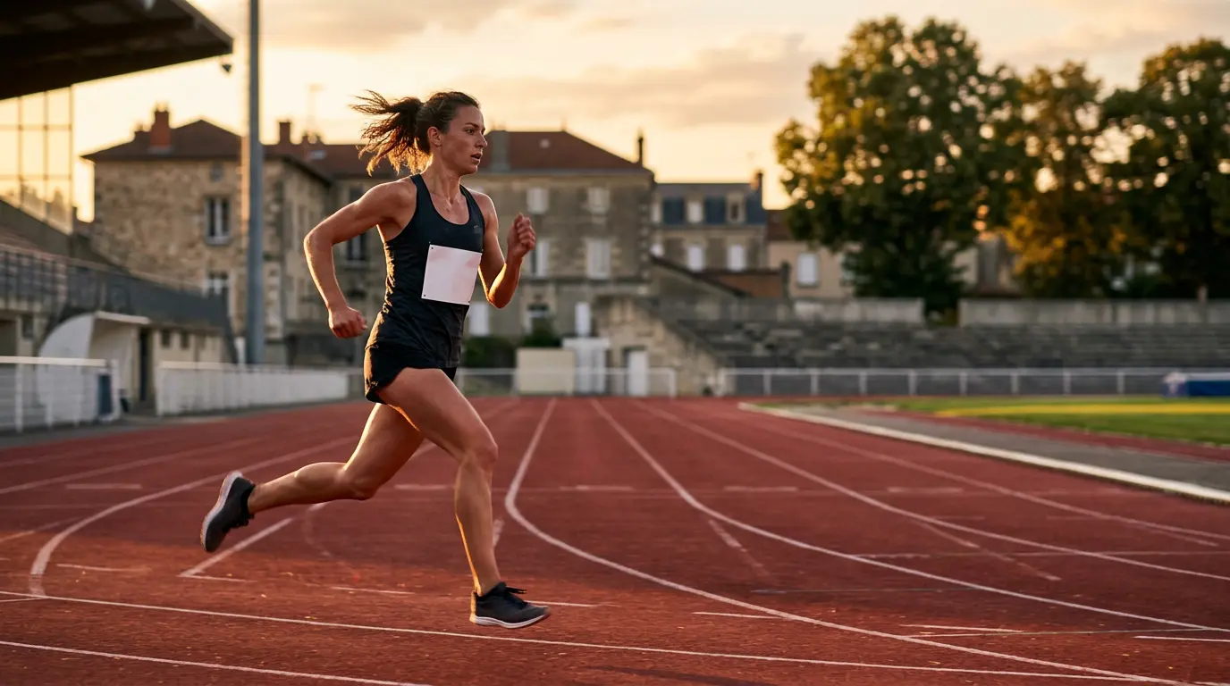 Coureur en pleine séance de fractionné sur une piste d'athlétisme française