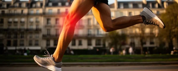 Coureur en milieu urbain français montrant un focus sur les genoux et les pieds, illustrant l'impact biomécanique d'une pronation non corrigée