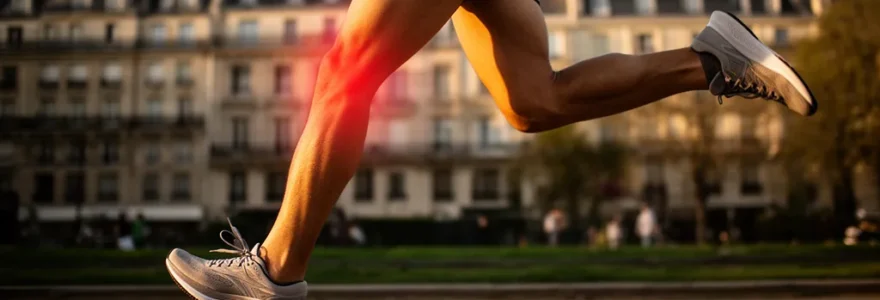 Coureur en milieu urbain français montrant un focus sur les genoux et les pieds, illustrant l'impact biomécanique d'une pronation non corrigée
