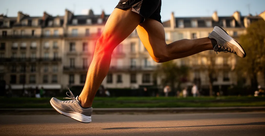 Coureur en milieu urbain français montrant un focus sur les genoux et les pieds, illustrant l'impact biomécanique d'une pronation non corrigée