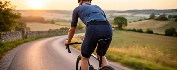 Cycliste sur route française avec équipement technique visible, cuissard et selle ergonomique