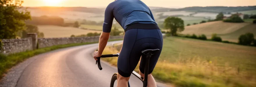 Cycliste sur route française avec équipement technique visible, cuissard et selle ergonomique