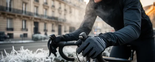 Cycliste urbain avec des gants techniques par temps froid, mains sur le guidon de vélo de route