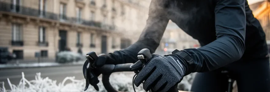 Cycliste urbain avec des gants techniques par temps froid, mains sur le guidon de vélo de route