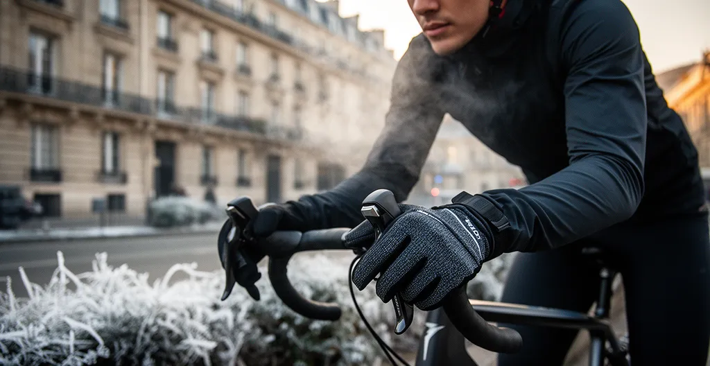 Cycliste urbain avec des gants techniques par temps froid, mains sur le guidon de vélo de route