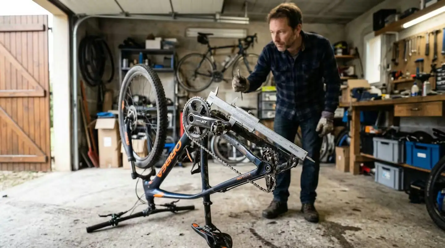 Cycliste mesurant le BCD de son pédalier avec un pied à coulisse dans un garage