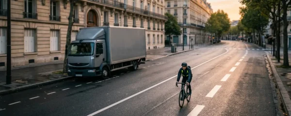 Cycliste en milieu urbain face à un camion avec visualisation des zones d'angles morts