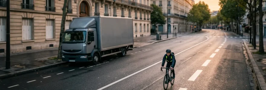Cycliste en milieu urbain face à un camion avec visualisation des zones d'angles morts