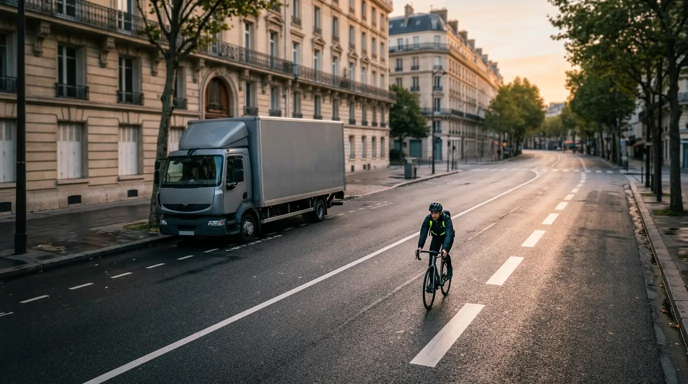 Cycliste en milieu urbain face à un camion avec visualisation des zones d'angles morts