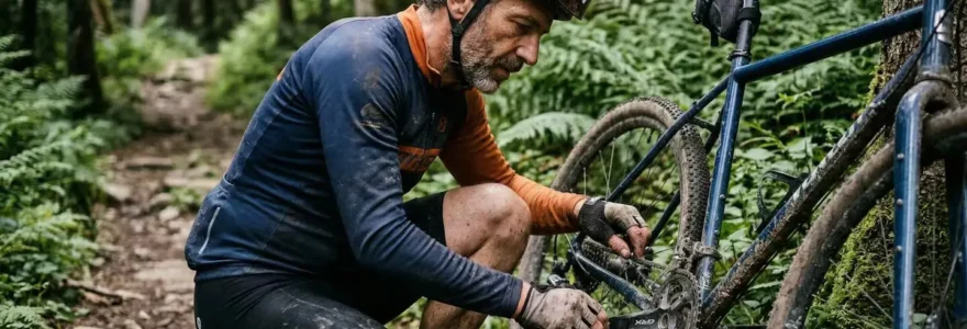 Cycliste VTT examinant la transmission de son vélo sur un sentier forestier