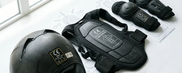 Équipements de protection sportifs avec marquage CE et étiquettes de certification sur fond épuré