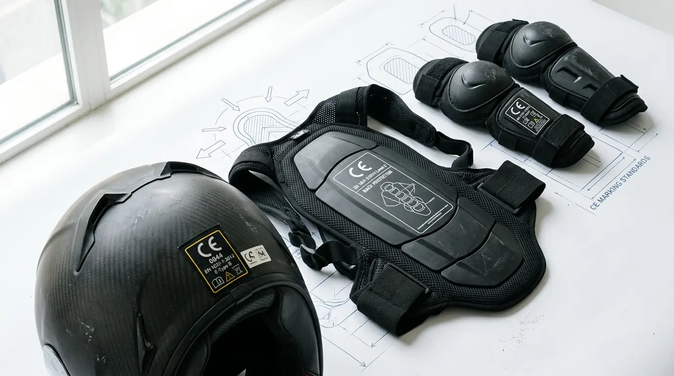 Équipements de protection sportifs avec marquage CE et étiquettes de certification sur fond épuré