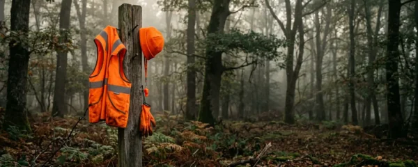 Vue rapprochée d'un équipement de sécurité orange fluorescent pour battue au grand gibier dans une forêt française
