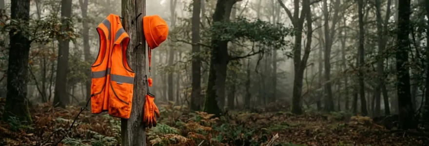 Vue rapprochée d'un équipement de sécurité orange fluorescent pour battue au grand gibier dans une forêt française
